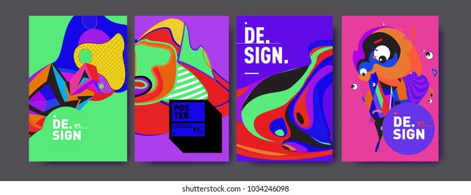 Abstract colorful collage poster design template. Cool geometric and fluid cover design. Blue, yellow, red, orange, pink and green. Vector banner poster template in Eps10.