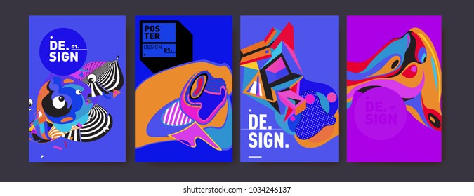 Abstract colorful collage poster design template. Cool geometric and fluid cover design. Blue, yellow, red, orange, pink and green. Vector banner poster template in Eps10.