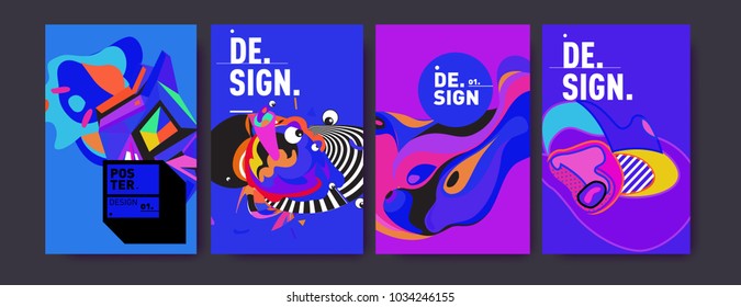 Abstract colorful collage poster design template. Cool geometric and fluid cover design. Blue, yellow, red, orange, pink and green. Vector banner poster template in Eps10.