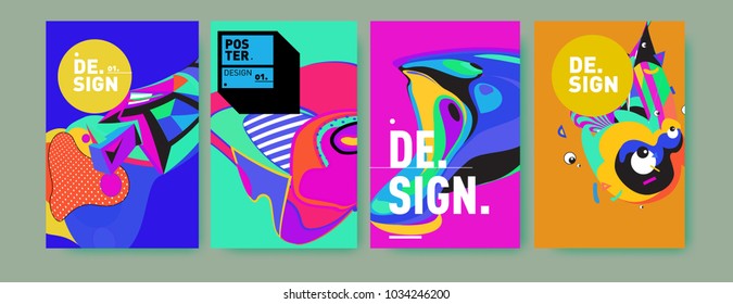 Abstract colorful collage poster design template. Cool geometric and fluid cover design. Blue, yellow, red, orange, pink and green. Vector banner poster template in Eps10.