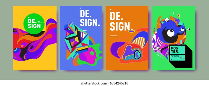 Abstract colorful collage poster design template. Cool geometric and fluid cover design. Blue, yellow, red, orange, pink and green. Vector banner poster template in Eps10.