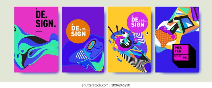 Abstract colorful collage poster design template. Cool geometric and fluid cover design. Blue, yellow, red, orange, pink and green. Vector banner poster template in Eps10.