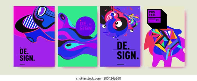 Abstract colorful collage poster design template. Cool geometric and fluid cover design. Blue, yellow, red, orange, pink and green. Vector banner poster template in Eps10.