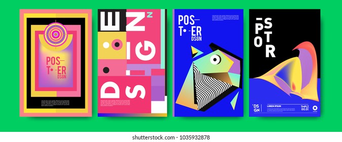 Abstract colorful collage poster design template. Cool geometric and fluid cover design. Blue, yellow, red, orange, pink and green background. Vector banner poster template in Eps10.