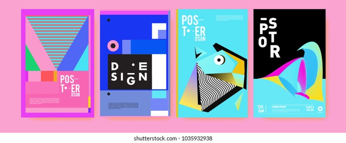 Abstract colorful collage poster design template. Cool geometric and fluid cover design. Blue, yellow, red, orange, pink and green background. Vector banner poster template in Eps10.