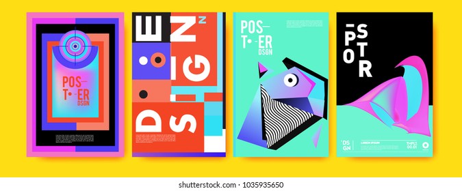 Abstract colorful collage poster design template. Cool geometric and fluid cover design. Blue, yellow, red, orange, pink and green background. Vector banner poster template in Eps10.