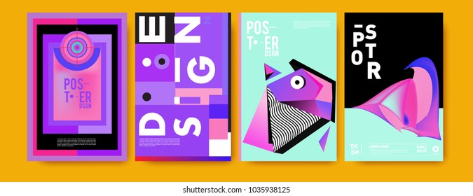 Abstract colorful collage poster design template. Cool geometric and fluid cover design. Blue, yellow, red, orange, pink and green background. Vector banner poster template in Eps10.