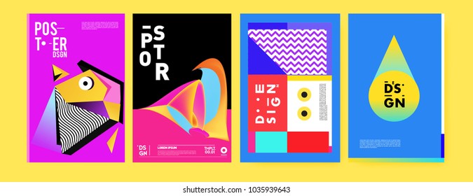 Abstract colorful collage poster design template. Cool geometric and fluid cover design. Blue, yellow, red, orange, pink and green background. Vector banner poster template in Eps10.