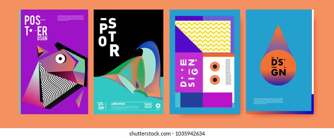 Abstract colorful collage poster design template. Cool geometric and fluid cover design. Blue, yellow, red, orange, pink and green background. Vector banner poster template in Eps10.