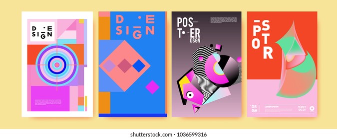 Abstract colorful collage poster design template. Cool geometric and fluid cover design. Blue, yellow, red, orange, pink and green background. Vector banner poster template in Eps10.