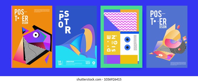 Abstract colorful collage poster design template. Cool geometric and fluid cover design. Blue, red, orange, pink and green background. Vector banner poster template in Eps10.