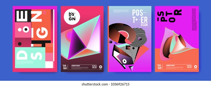 Abstract colorful collage poster design template. Cool geometric and fluid cover design. Blue, red, orange, pink and green background. Vector banner poster template in Eps10.