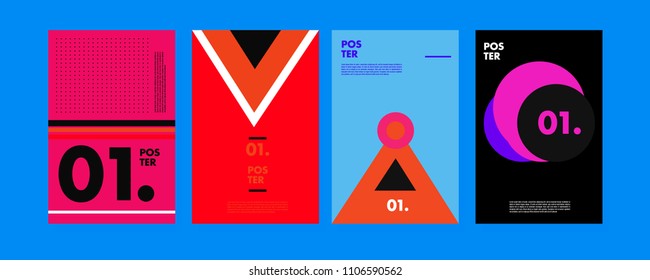 Abstract colorful collage poster design template. Cool geometric and retro cover design. Blue, yellow, red, orange, pink and green background. Vector banner poster template in Eps10.