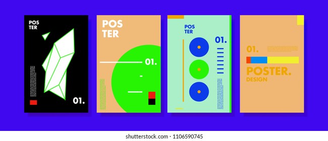 Abstract colorful collage poster design template. Cool geometric and retro cover design. Blue, yellow, red, orange, pink and green background. Vector banner poster template in Eps10.