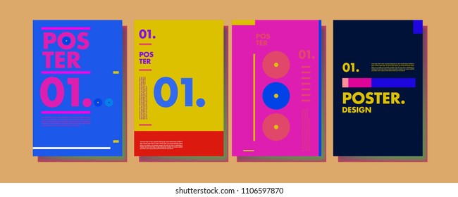 Abstract colorful collage poster design template. Cool geometric and retro cover design. Blue, yellow, red, orange, pink and green background. Vector banner poster template in Eps10.