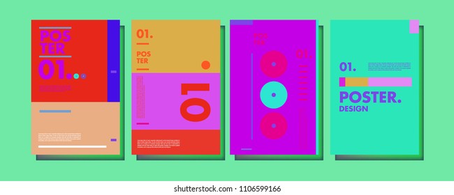 Abstract colorful collage poster design template. Cool geometric and retro cover design. Blue, yellow, red, orange, pink and green background. Vector banner poster template in Eps10.