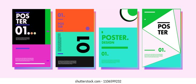 Abstract colorful collage poster design template. Cool geometric and retro cover design. Blue, yellow, red, orange, pink and green background. Vector banner poster template in Eps10.