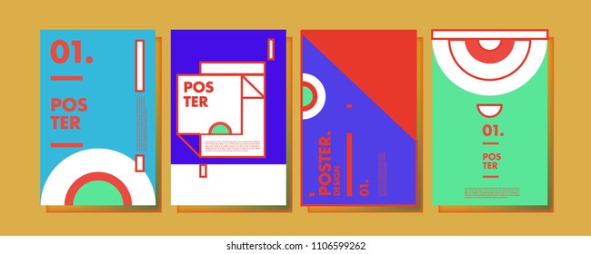 Abstract colorful collage poster design template. Cool geometric and retro cover design. Blue, yellow, red, orange, pink and green background. Vector banner poster template in Eps10.