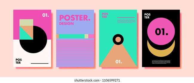 Abstract colorful collage poster design template. Cool geometric and retro cover design. Blue, yellow, red, orange, pink and green background. Vector banner poster template in Eps10.