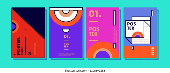 Abstract colorful collage poster design template. Cool geometric and retro cover design. Blue, yellow, red, orange, pink and green background. Vector banner poster template in Eps10.