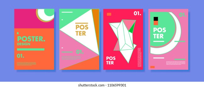 Abstract colorful collage poster design template. Cool geometric and retro cover design. Blue, yellow, red, orange, pink and green background. Vector banner poster template in Eps10.