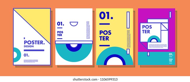 Abstract colorful collage poster design template. Cool geometric and retro cover design. Blue, yellow, red, orange, pink and green background. Vector banner poster template in Eps10.