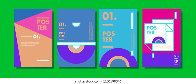 Abstract colorful collage poster design template. Cool geometric and retro cover design. Blue, yellow, red, orange, pink and green background. Vector banner poster template in Eps10.