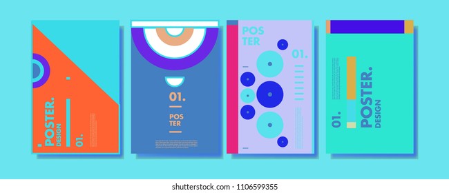 Abstract colorful collage poster design template. Cool geometric and retro cover design. Blue, yellow, red, orange, pink and green background. Vector banner poster template in Eps10.