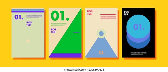 Abstract colorful collage poster design template. Cool geometric and retro cover design. Blue, yellow, red, orange, pink and green background. Vector banner poster template in Eps10.