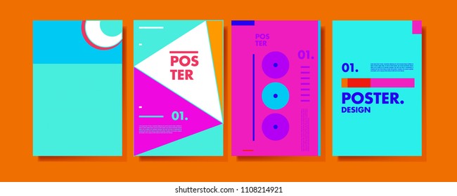 Abstract colorful collage poster design template. Cool geometric and retro cover design. Blue, yellow, red, orange, pink and green background. Vector poster design template in Eps10.