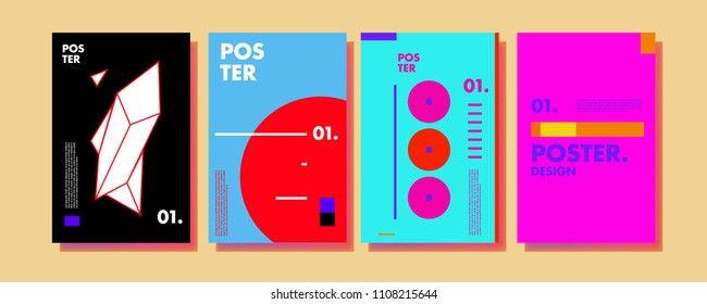 Abstract colorful collage poster design template. Cool geometric and retro cover design. Blue, yellow, red, orange, pink and green background. Vector poster design template in Eps10.