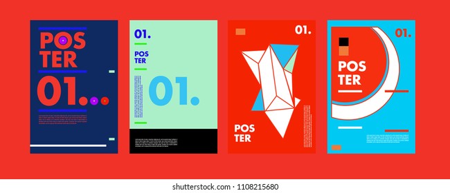 Abstract colorful collage poster design template. Cool geometric and retro cover design. Blue, yellow, red, orange, pink and green background. Vector poster design template in Eps10.