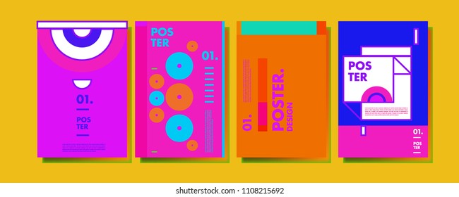 Abstract colorful collage poster design template. Cool geometric and retro cover design. Blue, yellow, red, orange, pink and green background. Vector poster design template in Eps10.