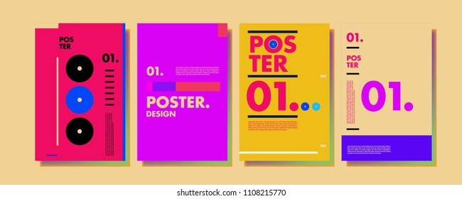 Abstract colorful collage poster design template. Cool geometric and retro cover design. Blue, yellow, red, orange, pink and green background. Vector poster design template in Eps10.