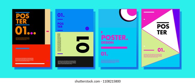 Abstract colorful collage poster design template. Cool geometric and retro cover design. Blue, yellow, red, orange, pink and green background. Vector poster design template in Eps10.