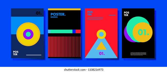 Abstract colorful collage poster design template. Cool geometric and retro cover design. Blue, yellow, red, orange, pink and green background. Vector poster design template in Eps10.