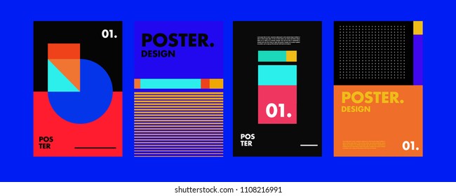 Abstract colorful collage poster design template. Cool geometric and retro cover design. Blue, yellow, red, orange, pink and green background. Vector poster design template in Eps10.