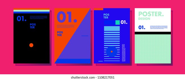 Abstract colorful collage poster design template. Cool geometric and retro cover design. Blue, yellow, red, orange, pink and green background. Vector poster design template in Eps10.