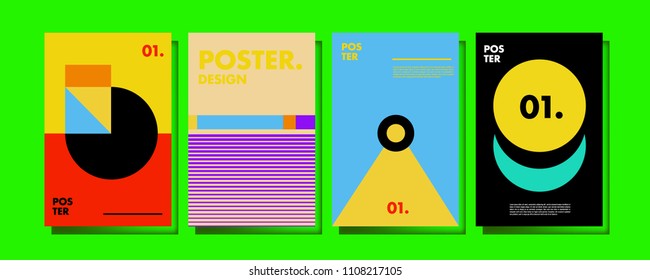 Abstract colorful collage poster design template. Cool geometric and retro cover design. Blue, yellow, red, orange, pink and green background. Vector poster design template in Eps10.