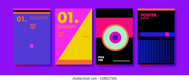 Abstract colorful collage poster design template. Cool geometric and retro cover design. Blue, yellow, red, orange, pink and green background. Vector poster design template in Eps10.