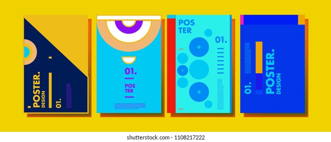Abstract colorful collage poster design template. Cool geometric and retro cover design. Blue, yellow, red, orange, pink and green background. Vector poster design template in Eps10.