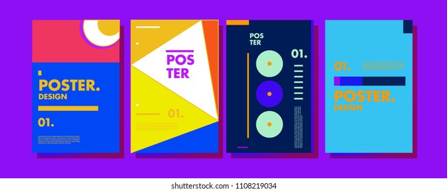 Abstract colorful collage poster design template. Cool geometric and retro cover design. Blue, yellow, red, orange, pink and green background. Vector poster design template in Eps10.