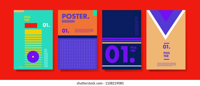 Abstract colorful collage poster design template. Cool geometric and retro cover design. Blue, yellow, red, orange, pink and green background. Vector poster design template in Eps10.