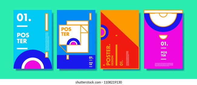 Abstract colorful collage poster design template. Cool geometric and retro cover design. Blue, yellow, red, orange, pink and green background. Vector poster design template in Eps10.