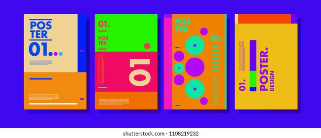 Abstract colorful collage poster design template. Cool geometric and retro cover design. Blue, yellow, red, orange, pink and green background. Vector poster design template in Eps10.