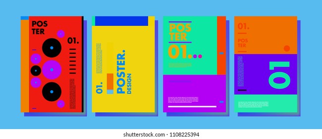 Abstract colorful collage poster design template. Cool geometric and retro cover design. Blue, yellow, red, orange, pink and green background. Vector poster design template in Eps10.