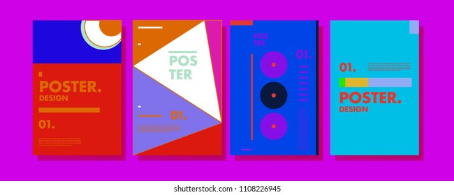 Abstract colorful collage poster design template. Cool geometric and retro cover design. Blue, yellow, red, orange, pink and green background. Vector poster design template in Eps10.