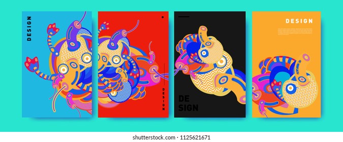Abstract colorful collage poster design template. doodle illustration and fluid cover design. Blue, yellow, red, orange, pink and green. Vector banner poster template in Eps10.