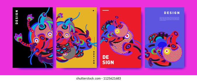 Abstract colorful collage poster design template. doodle illustration and fluid cover design. Blue, yellow, red, orange, pink and green. Vector banner poster template in Eps10.