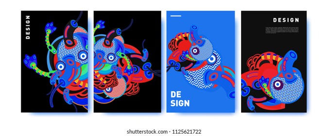Abstract colorful collage poster design template. doodle illustration and fluid cover design. Blue, yellow, red, orange, pink and green. Vector banner poster template in Eps10.